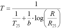 [ntc5] - T = 1 / ( 1/298 + 1/b * log(R/R25) / b ) 